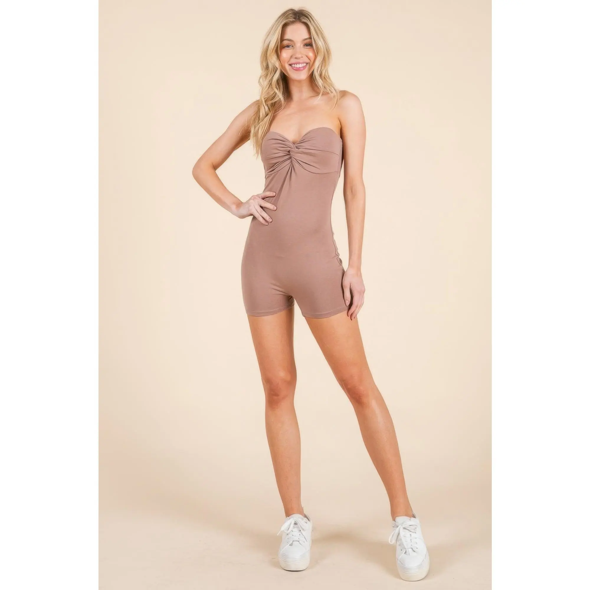 Women's Ribbed Cotton Stretchy Suit Set - Sporty Style Outfits, Strapless Bandeau Neckline, Twist Chest Detail, Bodycon Mini Jumpsuit, Breathable Workout Gym Clothing, Ribbed Texture, Layering Base, Check Size Chart