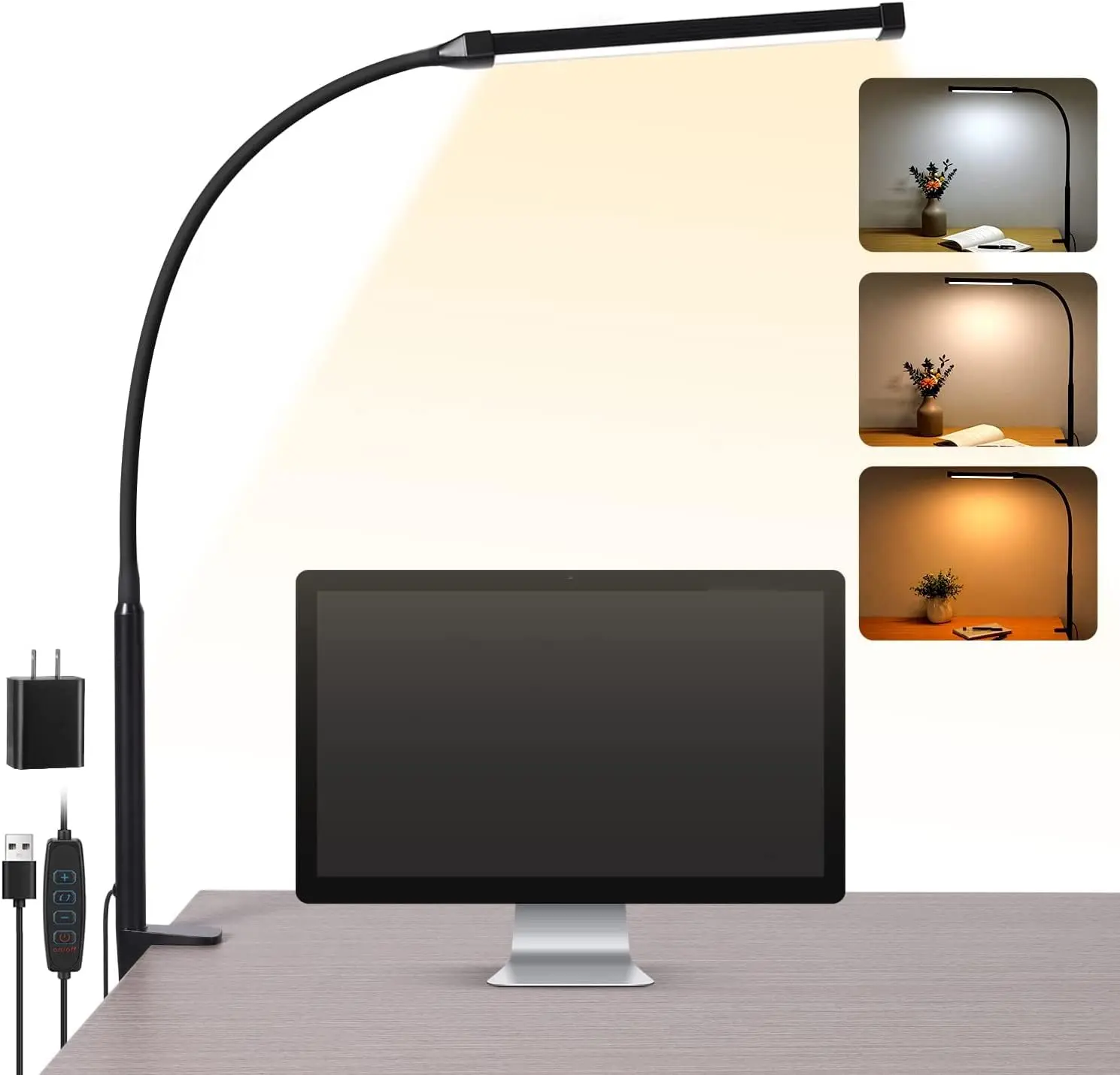 Clip-On LED Desk Lamp - Clamp-Style Adjustable Indoor Lamp with 3 Color Modes, 10 Levels Brightness, Flexible Gooseneck, Dimmable USB Power, Base & Shade, USB Power Bank, for Drawing, Dorm Room, LED Lights Bedroom use , Desk Accessory, Lamps