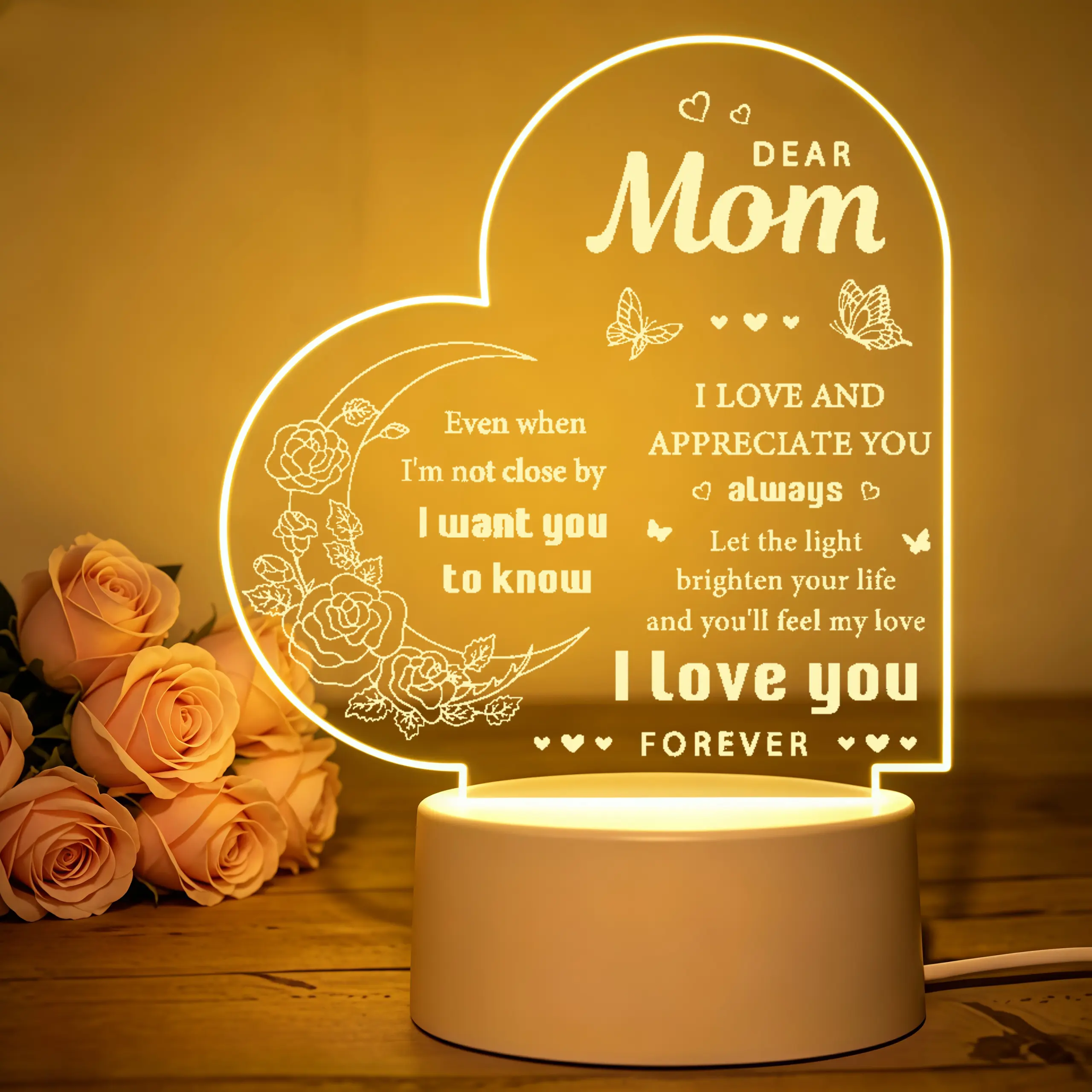Heart Shaped Moon Rose & Butterfly Engraved LED Night Light, Acrylic Desk Lamp with Inspirational Quote, USB Warm White Heart Decorations Decorative Lights for Mom’s Sentimental Gifts (Birthday, Mother’s Day) Home Bedroom Table Decor