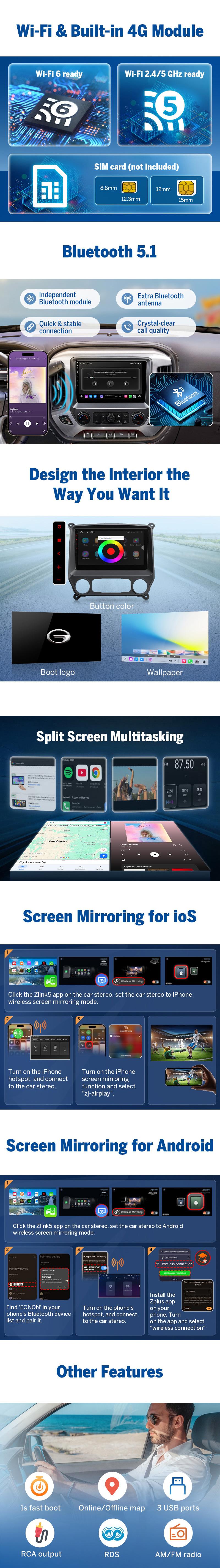 Eonon Car Stereo for Chevy Silverado GMC Sierra 2014-2018 Android 13/14 Head Unit with Wired/ Wireless CarPlay Android Auto 10.1" Car Radio Touch Screen SWC Sub BT Backup Camera Dashboard Upgrade - GMSX7A / GMSX6S2