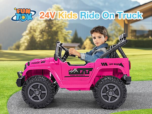 Funtok 24V 2 Seater Kids Electric Car with Remote Control, Powerful 4x200W Motor with 4WD/2WD Switchable, Max 5 MPH, Truck Bed Storage, Fun LED Lights Music Bluetooth, Presents for Boys Girls