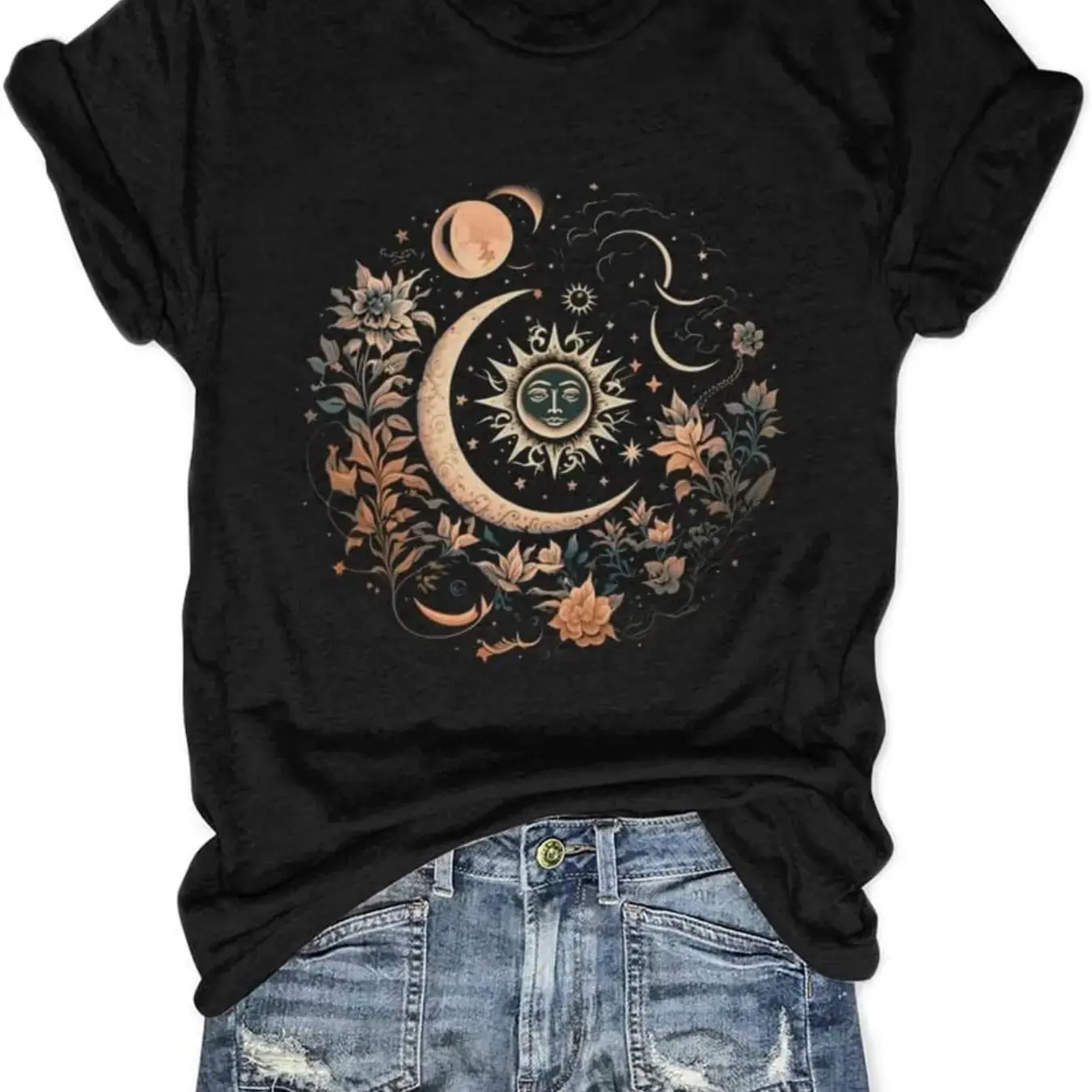 Women's Cotton Printed Boho Hippie Style Short-Sleeve T-Shirt, Celestial Moon-Sun Floral Graphic Vintage Wildflower Top
