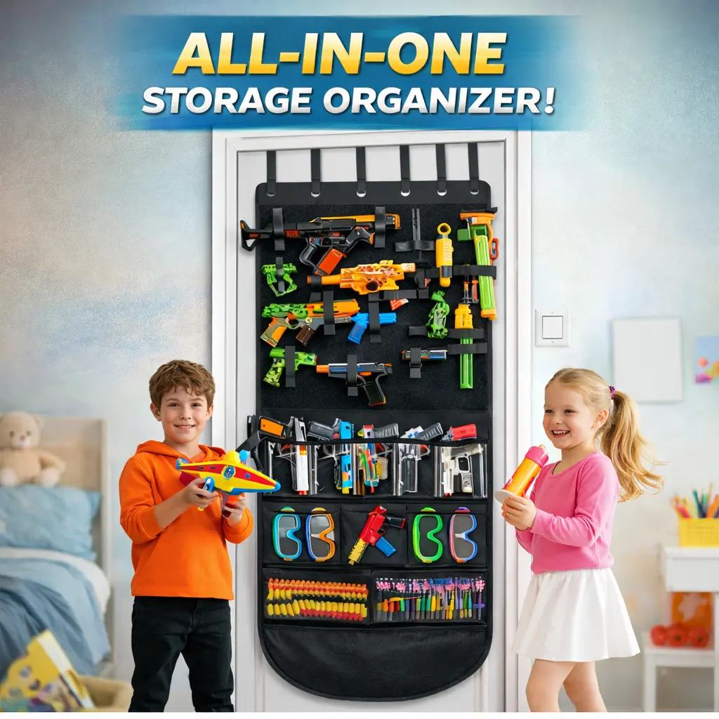 Durable Over-the-Door Toy Blaster Organizer (Black) - Mesh Home Storage Bag with 25 Velcro Straps, 11 Pockets, Adjustable Personalized Setup for Kids Room, Premium Materials