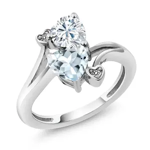 10K White Gold Double Heart Sky Blue Aquamarine and Moissanite Ring for Women with Diamond Accents | 1.56 Cttw | Heart Shape 6MM & Round 1.5MM | Promise Anniversary Ring