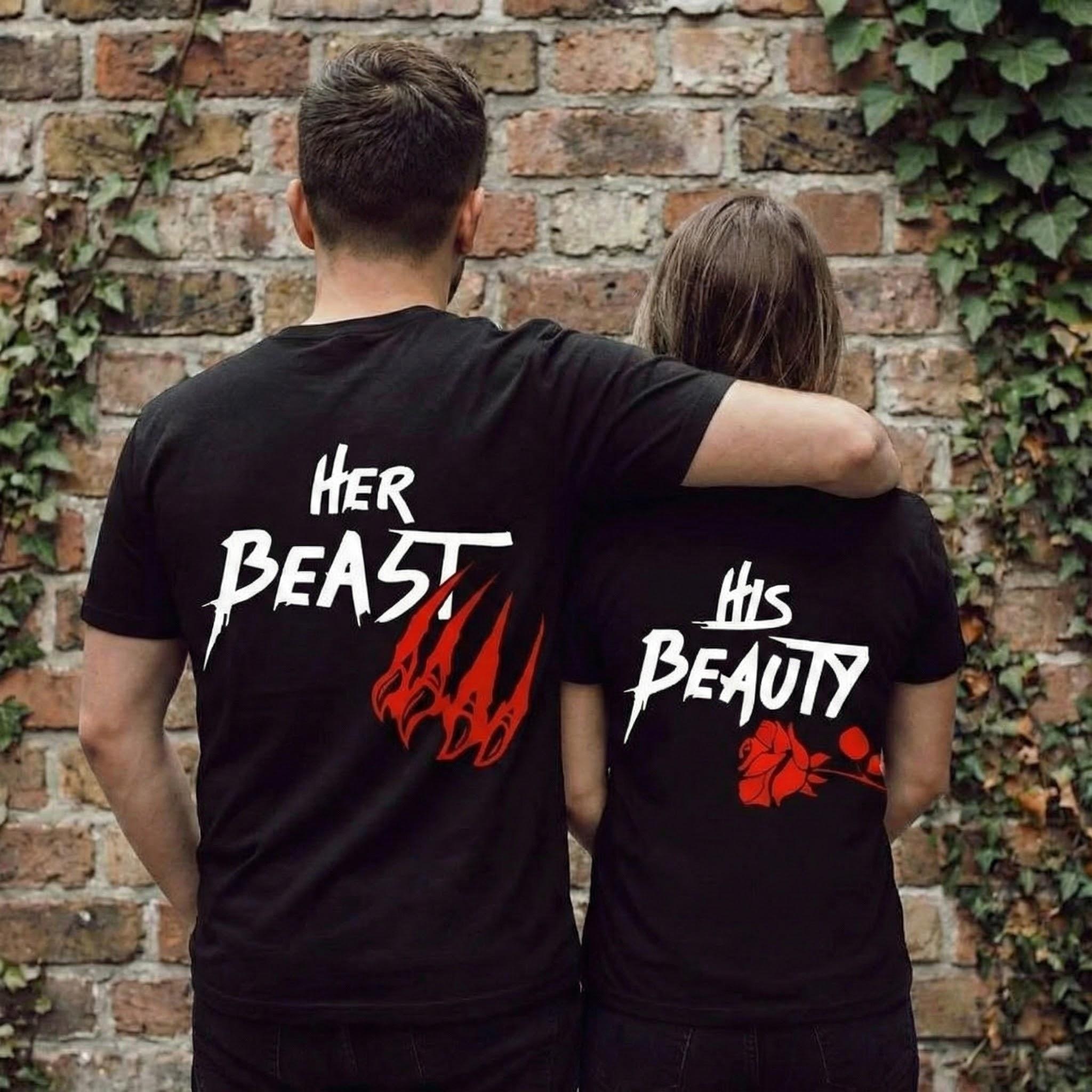 Her Beast His Beauty Couple T-shirt, Matching Outfits For Couples, Valentine Day Gifts, Couple Gifts, Anniversary Shirts, Trending Couple TEE