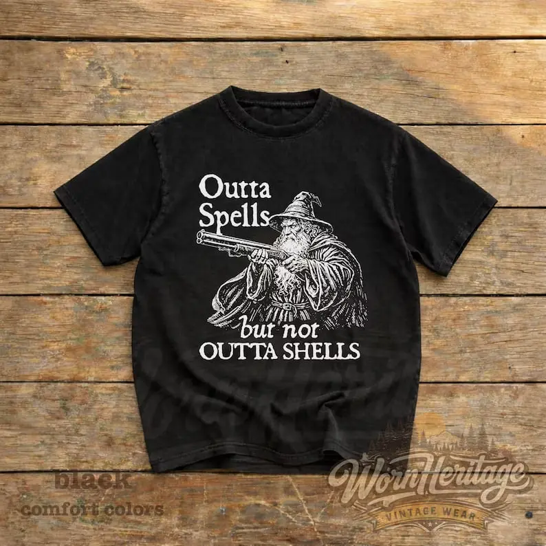 Funny Wizard Gun Shirt, Vintage Outta Spells But Not Outta Shells Tees, Dark Humor Fantasy Shirts, Retro Wizard Graphic Tee