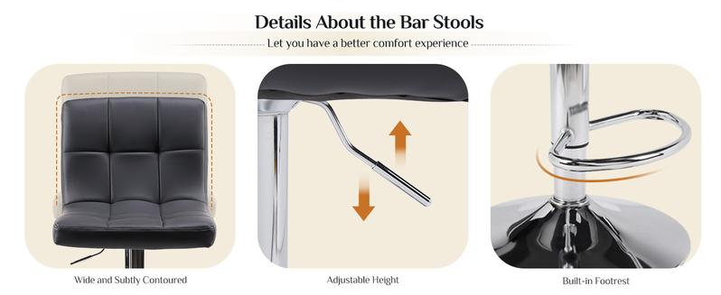 Set of 2 PU Leather Adjustable Swivel Barstools with Back and Armless Design Hydraulic Kitchen Counter Height Bar Stools
