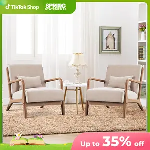 [SpringStatements][Set of 2]EBELLO Modern Arm Chairs , Mid-Century Modern Accent Chair Upholstered Lounge Chair with Pillow and Solid Wood Frame, Linen Fabric Comfy Chairs for Living Room