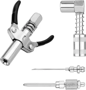 4Pcs Grease Gun Fitting Kit, Include 90 Degree Grease Gun Coupler Adapter, Double Handles Grease Gun Coupler, Grease Needle, Needle Tip Dispenser Fit 1/8" NPT Grease Gun