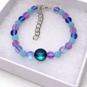 Blue and Pink Beaded Bracelet with Black Bead Accent Handmade Adjustable with Chain