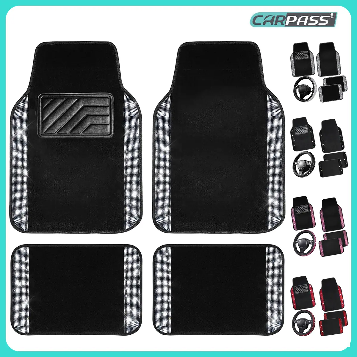 CAR PASS Bling Diamond Leather Steering Wheel Cover 14.5in-15in Floor Mats Shining Rhinestone Carpet Sparkly Glitter Crystal Anti-Slip Pad Fit Automotive SUV Pickup Truck Girl Women, 5pcs Black Sliver