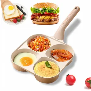4-Hole Non-Stick Egg Frying Pan with Wooden Handle – 3-in-1 Divided Skillet for Eggs, Pancakes & Omelets, Stone-Coated Mini Grill Pan for Breakfast, Compatible with Gas & Induction Cooktops