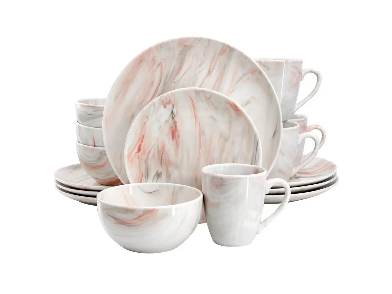 Elama Fine Marble 16 Piece Porcelain Dinnerware Set in Red and Gray