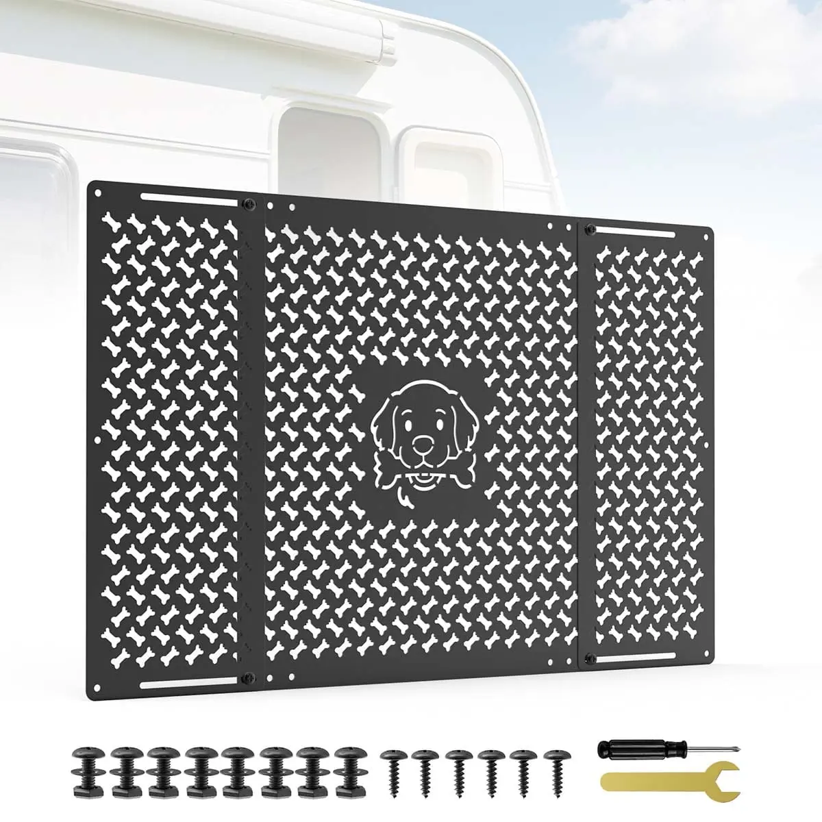 RV Pet Screen Door Protector, Adjustable Dog & Bone Shape, Heavy Duty Aluminum, Fits 18.07" to 33.64" RV Entry Doors, Ideal for RVs & Campers
