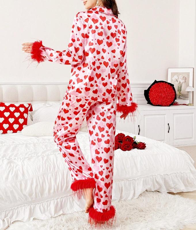 Joviecrown Valentine’s Pajamas Set  Sleepwear for  Matching Homewear Sleepwear  homewear,Pink floral satin pajama set,Romantic & Sweet sets, soft and comfortable daily pajimas, For Her, Best gifts Tree Christmas Family