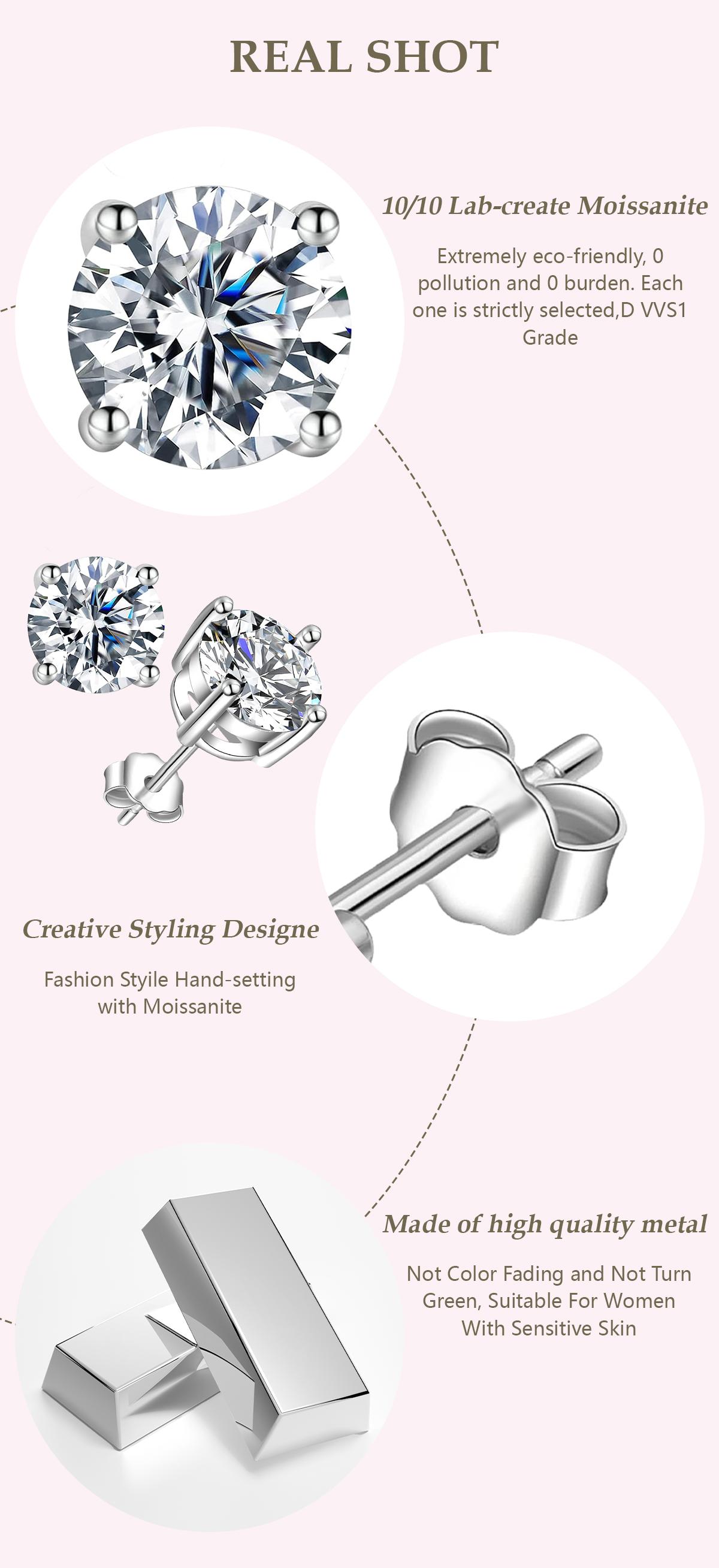Delzzad S925 Round Synthetic Moissanite Stud Earrings Daily Costume Jewelry Accessories Perfect Birthday Wedding Anniversary Valentine Festive Gifts for Women Girls