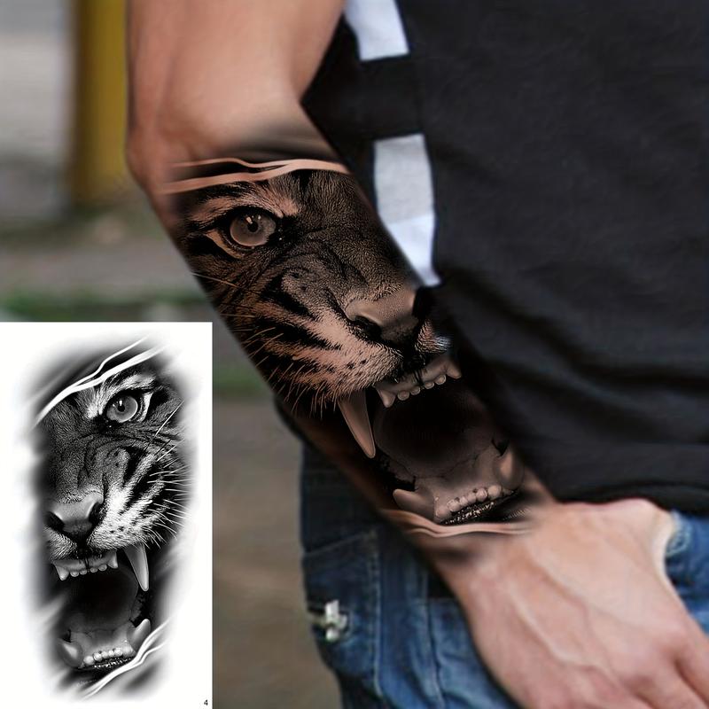 Rechal 8 Sheets Realistic Tribal Large Tiger Temporary Tattoo Stickers For Women Adults, Half Arm Sleeve Tattoos For Men, 3D Black Tiger Compass Flower Tattoos Decals
