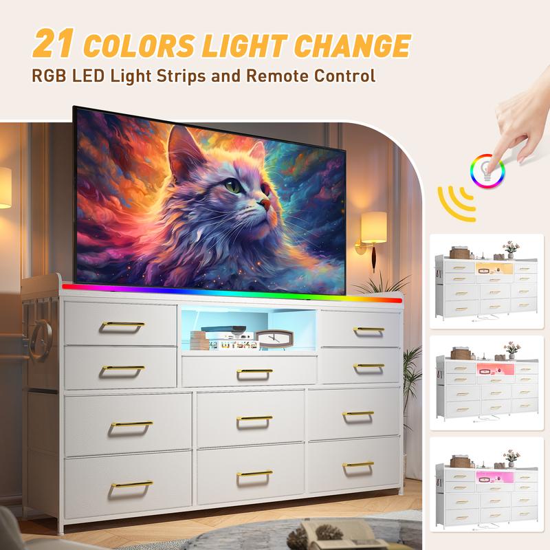 【LaborDaySale】Raybee 11 Drawers Dresser for Bedroom 31'' Height,Sturdy TV Stand with LED & power outlets & 4 hooks Drawerorganizer,Chest of Drawers,Storage Bin Cabinet Furniture