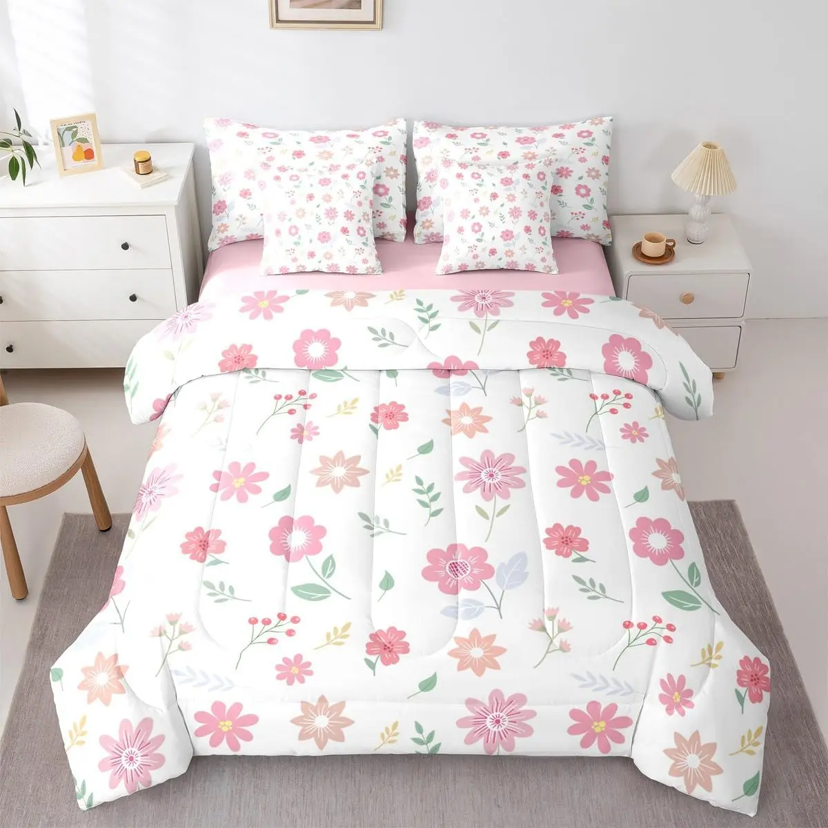 Cute Flower 7 Piece Bedding Set Fresh Flower Floral Comforter Set with Sheets Nature Plants Bed in a Bag Pink Green Bed Set Soft Lightweight