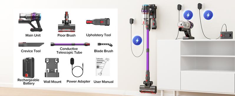 Lubluelu Cordless Stick Vacuum Cleaner, 550W Brushless Motor with 45KPa Suction Power, Rechargeable Home Cleaning Tool with LED Brush for Pet Hair, Carpets & Floors