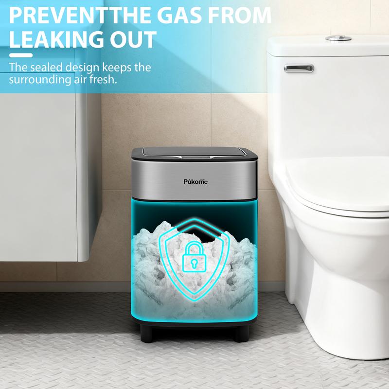 PUKOMC Sleek stainless steel sensor bin. 2.7-gallon rectangular, space-saving design for kitchen, bathroom, or office. Hands-free automatic operation.