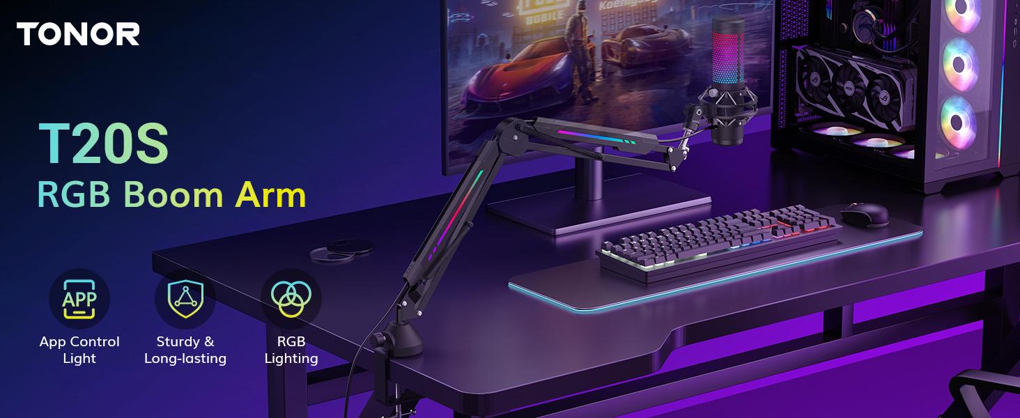 TONOR T90/T20S RGB Boom Arm, Adjustable Mic Stand with 11 Light Modes for Gaming, Streaming, Podcasting, and Recording, Durable Steel Usb Cable