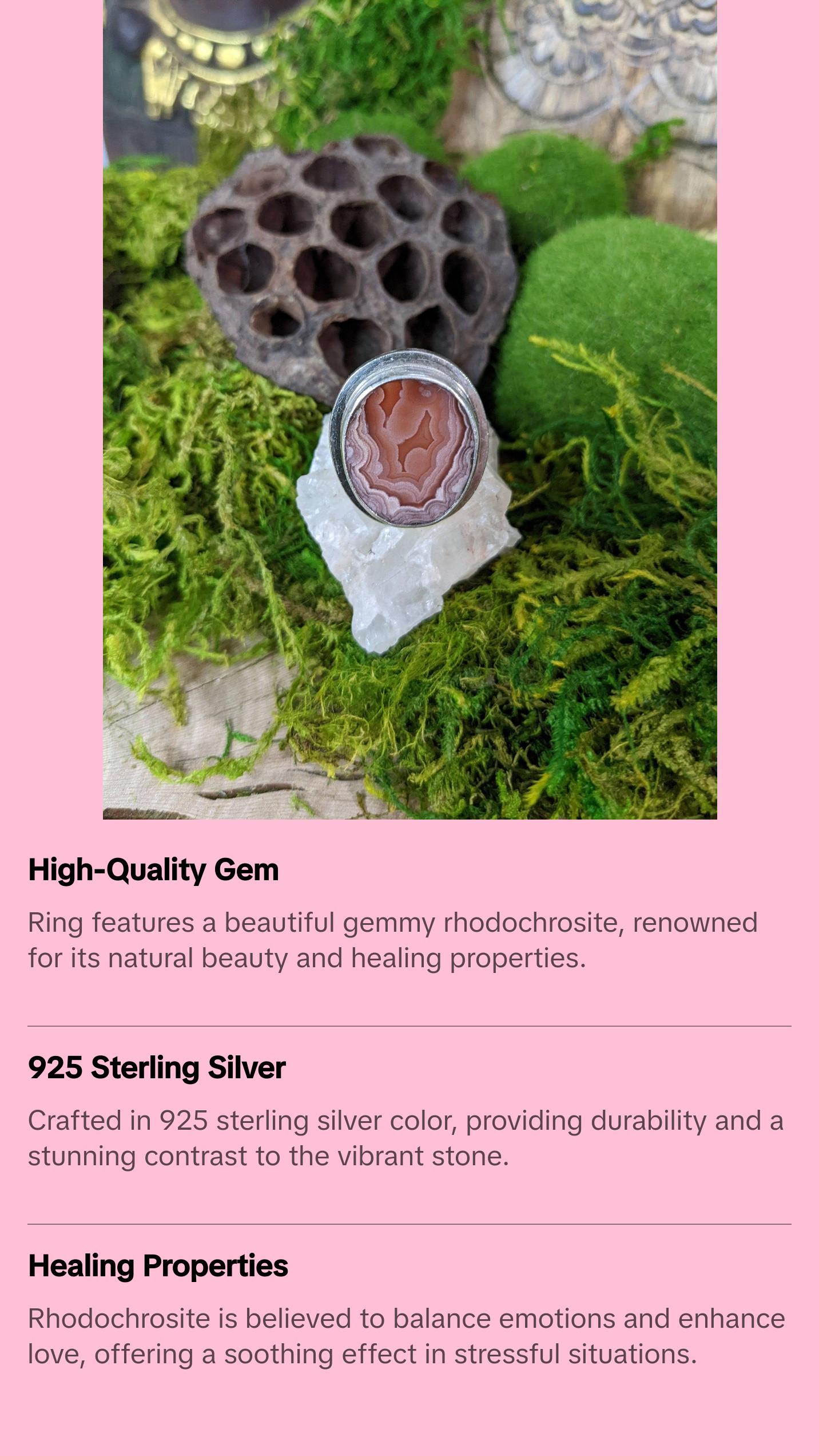 Beautiful Pink Gemmy Rhodochrosite Ring 925 Sterling Silver Size 8 High Quality Gemstone Jewelry Healing Crystals Natural Mineral Specimen