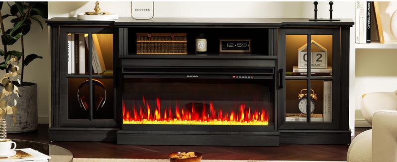 Spurgehom 3-Sided Fireplace TV Stand, 70" Farmhouse Highboy Entertainment Center with 34" Electric Fireplace & LED Lights - Media Console Table for Living Room, Fits TVs Up to 80 Inches