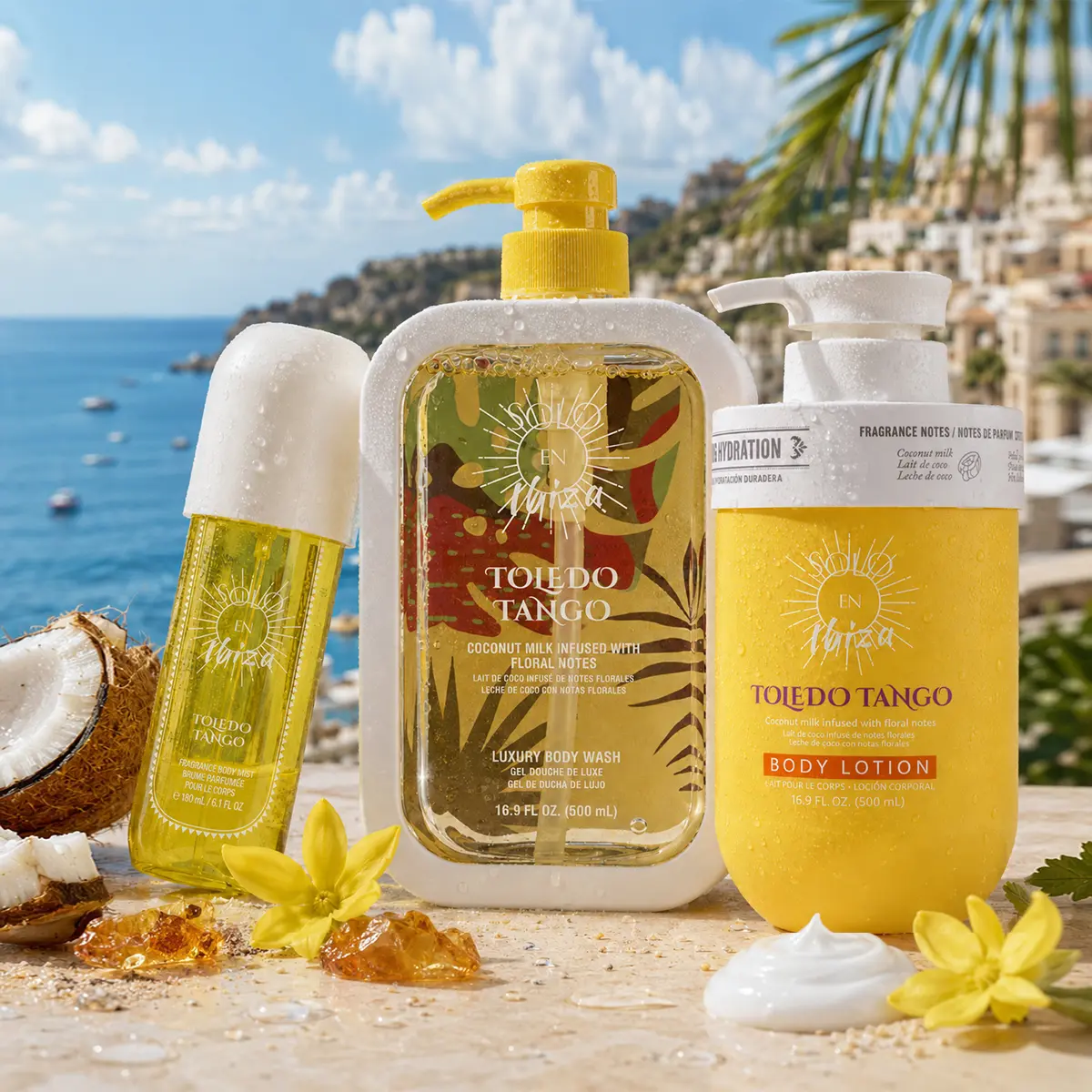 SOLO EN IBIZA Toledo Tango 3-Piece Bath & Body Layering Set, 6.1 fl oz (180ml) Fragrance Mist & 16.9 fl oz (500ml) Body Lotion & 16.9 fl oz (500ml) Body Wash, Long-Lasting Solar Floral Scent