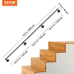 VEVOR Pipe Stair Handrail,  , 11FT Staircase Handrail, 440LBS Load Capacity Carbon Steel Pipe Handrail, Industrial Pipe Handrail with Wall Mount Support, Round Corner Wall Handrailing for Indoor, Outdoor