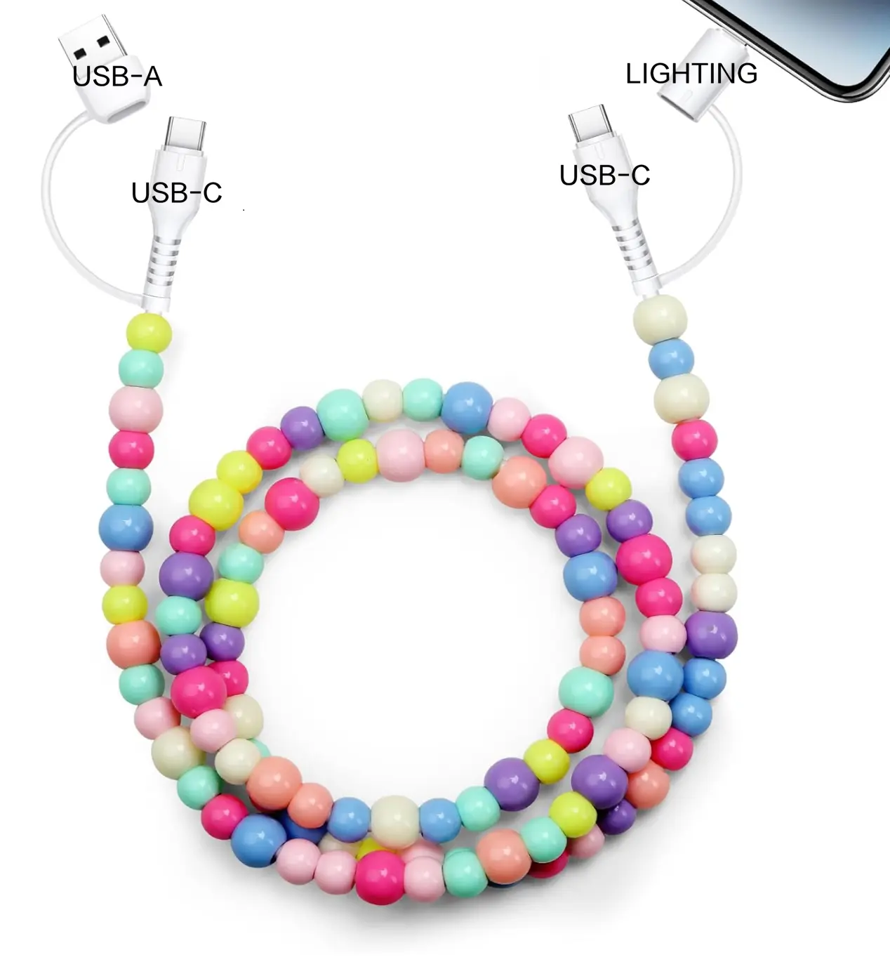 4-in-1 Silicone Beaded Detachable Charging Cord - Stylish Shine, Compatible with iPhone 15/16/17, Samsung & All Android Smartphone/Mobile Electronic Devices (USB-A, USB-C, Lightning), Charger