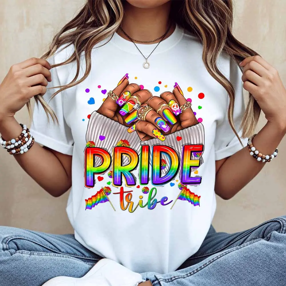 Pride Tribe Rainbow Hands And Flags Print T Shirt White Casual Loose Fit For Everyday Wear And Outdoor Activities