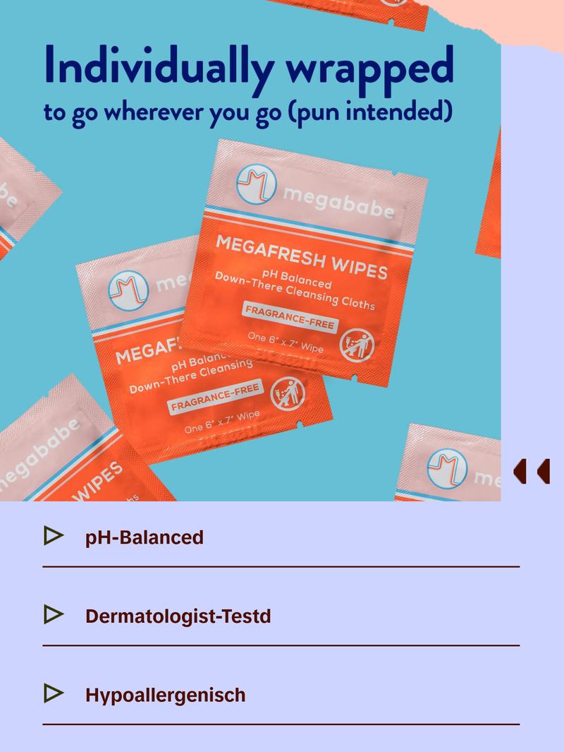 Megababe Megafresh Wipes | Unscented Cleansing Wipes for the Intimate Area | pH Balanced, Front & Back Use | 16 Individually Wrapped Wipes (Pack of 1)