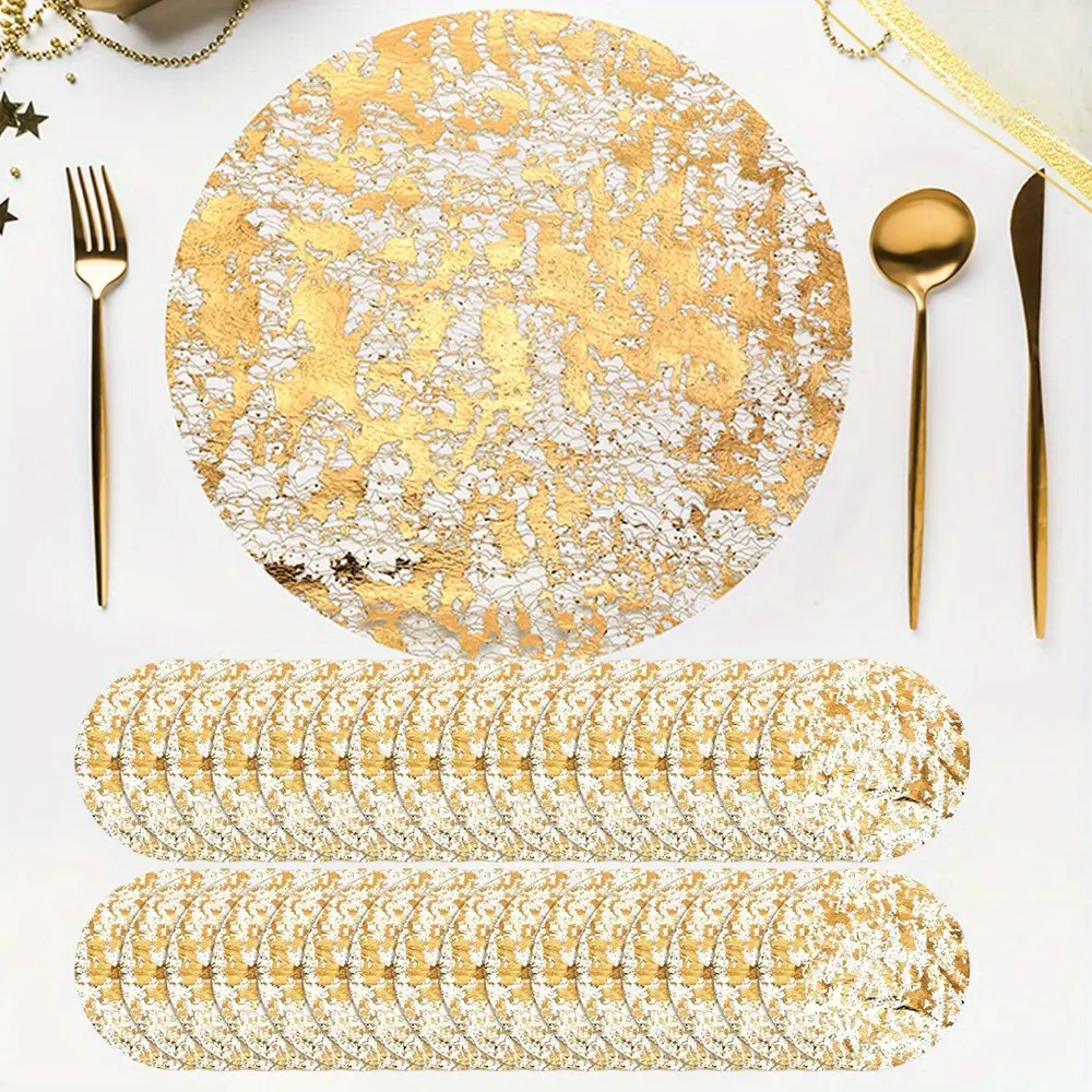 50Pcs Disposable Gold Placemats Set, Round 13 Inch Foil Mesh Table Mates, Gold Doilies Plate Mat for Dining Table Wedding Birthday Party Holiday Home Decoration