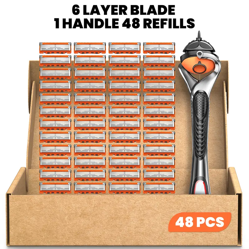 PSLEE Men's Shave Sets - Unscented Blade and Handle Set Razors with Replaceable Sharp Heads, 24 or 48 Refills, Ergonomic Design, Long-Lasting Smooth Face Shave for Daily Care Easy Swaps