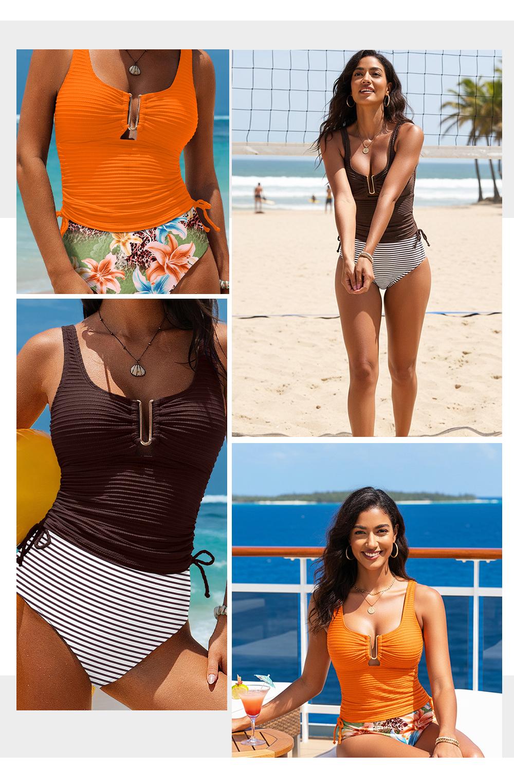 Aleumdr Women's Textured Tankini Swimsuits Tummy Control Ruched U-Wire Cutout Two Piece Bathing Suits with Bottom