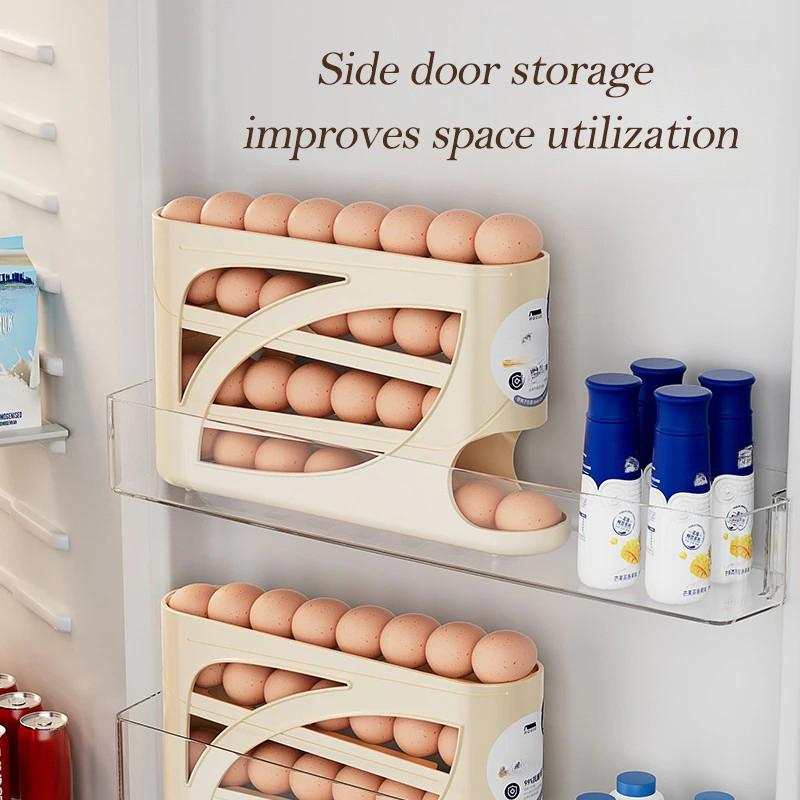 Automatic Rolling Egg Dispenser Organizer for Refrigerator, 4-Tier Space-Saving Egg Holder Tray, Holds 28 Eggs, Durable Plastic Egg Storage Rack for Fridge, Counter, Kitchen Cabinet