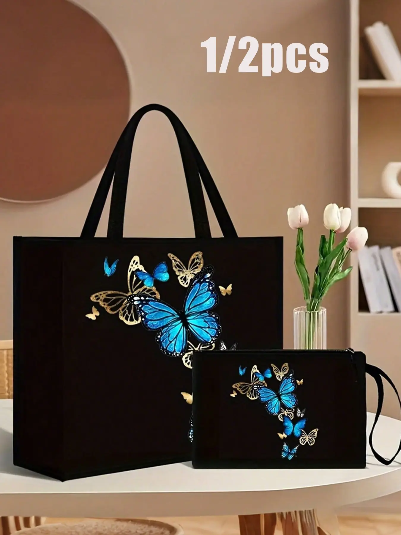 Two-Piece Butterfly Print Handbag Set, Tote Handbag, Fashionable Design with Coin Purse, Ideal for Shopping, Travel, Beach, Daily Use, Gift, Handbag Shoulder Purse, All Seasons Handbag, Boho Shoulder Bags