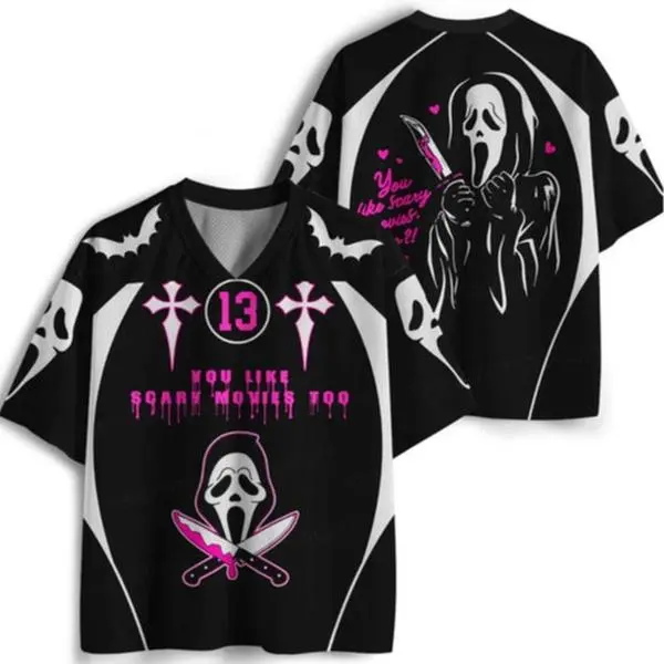 Gh0stface Inspired Horror Football Jersey, Scary Movie Halloween Jersey Shirt, Black Pink Gothic Graphic Sports Jersey, Spooky Horror Fan Gift