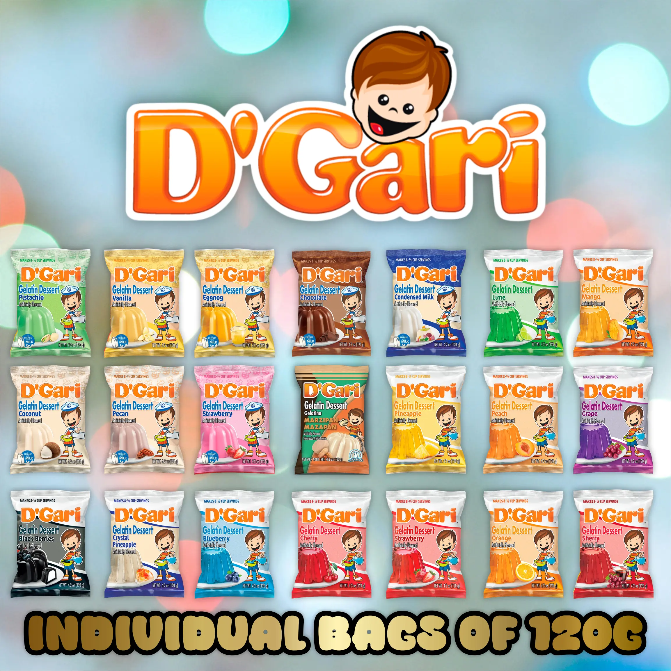 D'gari Gelatin Dessert Packs 120g - 21 Flavors - Individual Bags - Perfect for Any Occasion - Ideal for Dessert Lovers - 120g per Pack