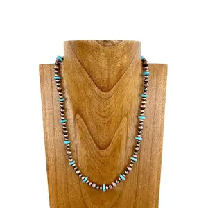 "21 Inches Cooper Navajo Pearl with Blue Turquoise Stone Beads Necklace