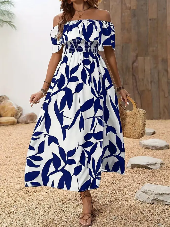 DRESSLILY 2026 Vacation Couple Outfit Women's Leaf Patten Off the Shoulder  Slit Long Dress and Men's Button Up Shirt Set - TikTok Shop