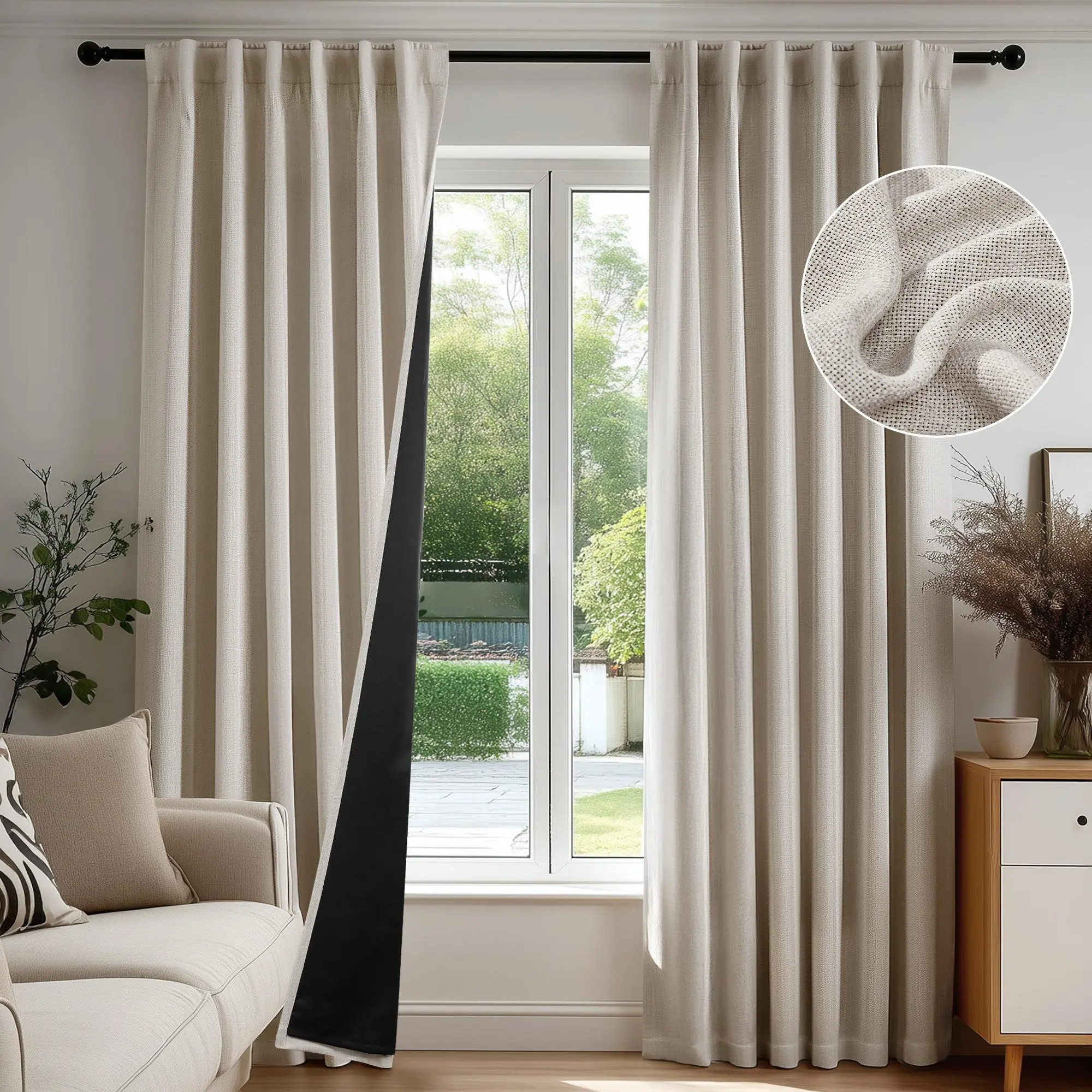 Deconovo 100% Blackout Curtains Linen Curtain Boho Window Drapes Room,Back Tab, Machine Washable, Room-Darkening Drapes for Bedroom/Living Room, 2 Panel Set