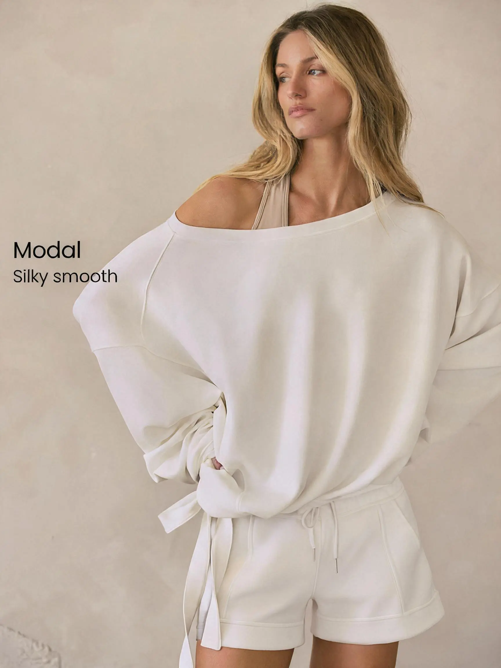 GLOWMODE SoftSerene Modal Own Your Flow Soft Silky-Smooth Breathable Waist Length Adjustable Drawstring Hem One-Shoulder Pullover Sweatshirt Daily Casual Wear