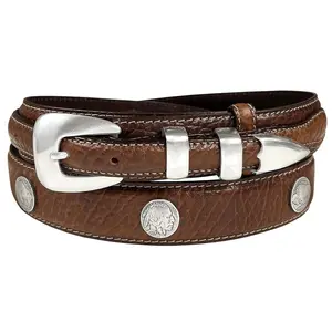 Buffalo Indian Head Coin Conchos Western Leather Ranger Belt - Genuine Cowhide with Antique Silver Buckle