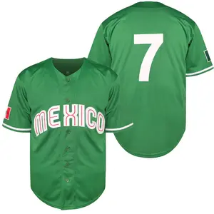 Mexico Green Baseball Jersey #7 Embroidered Letter Design Button Down Short Sleeve Polyester Breathable Loose Fit Classic Sportswear Streetwear Hip Hop Casual Athletic Top For Men Game Day Outfit