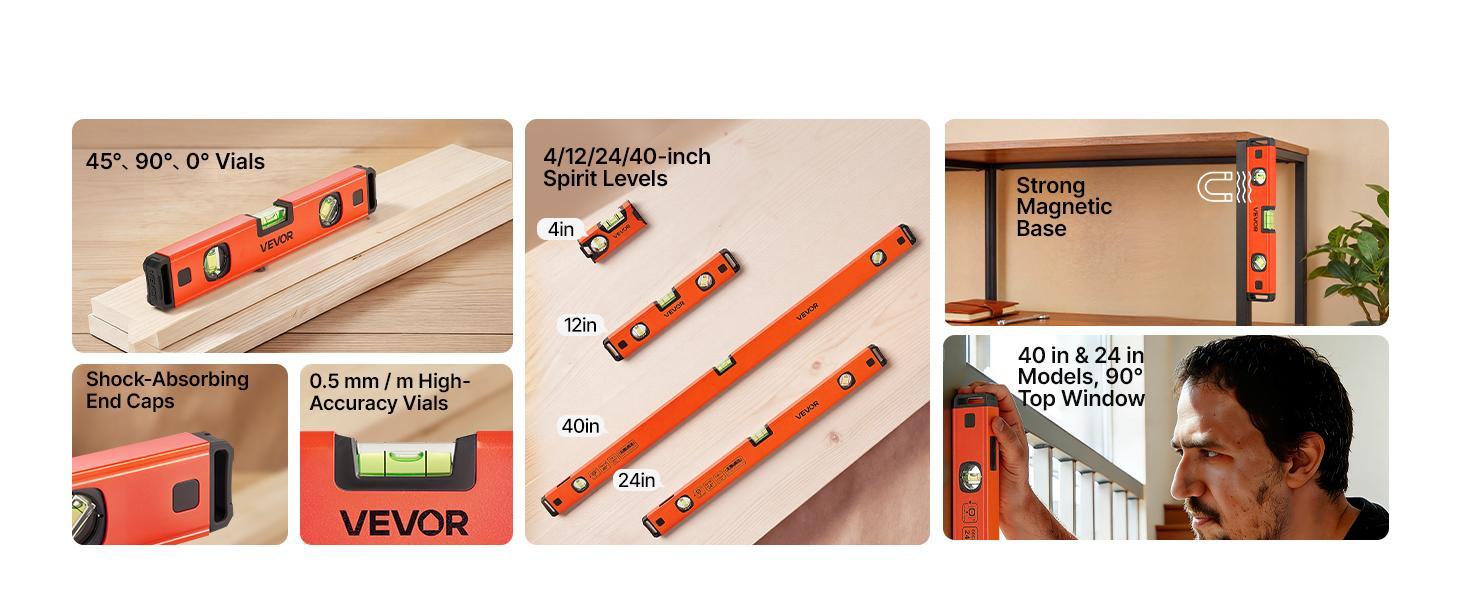 【toolupgrade】VEVOR Torpedo Type Level, 4-Piece 4/12/24/40 Inches Magnetic Leveler Tool Set, Aluminum Alloy with 3 Green Vials, Hanging Hole Box Beam for Construction Leveling Jobs on Metal Surfaces