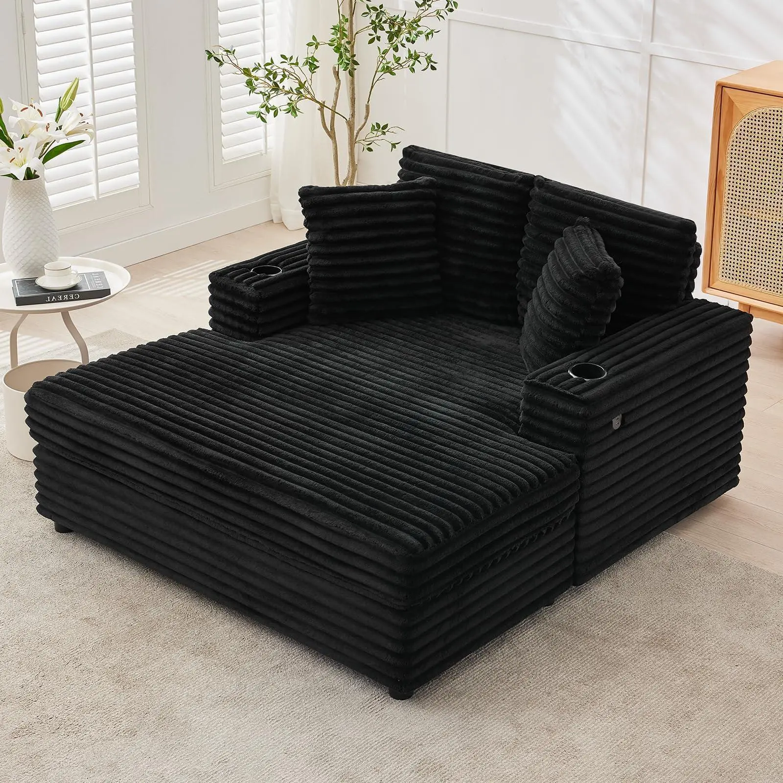 Gaomon 60in Oversized Corduroy Convertible Futon Couch with Chaise, Cup Holder, Throw Pillows, Charging Station, Indoor Upholstered Comfy Sleeper & Reading Furniture for Living Room, Bedroom