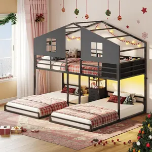 Sikaic Triple Bunk Bed Twin Size with House, 4 Storage Drawers, Charging Station and LED Lights, Metal Kids Bunk Bed with 13.4" H Safety Guardrail and Play Curtain, DIY House Shaped Bed summervibes