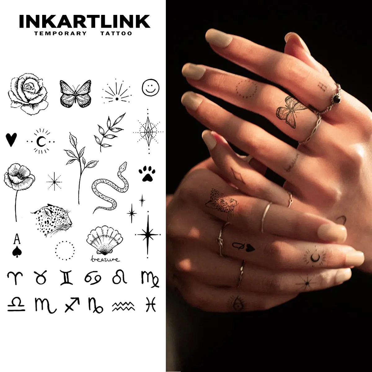 INKARTLINK 2-Piece Ephemeral Tattoos, Semi-Permanent & Waterproof Realistic Temporary Tattoos with Finger Constellation & Henna Designs, Sticker Set for Women, All Skin Types, Constellations, Fake Tattoo